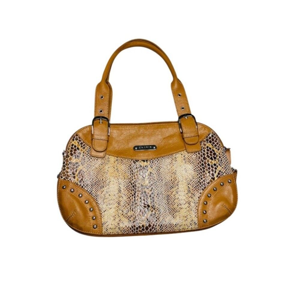 Sharif Studio Tan Snakeskin Embossed Satchel Studded Handbag Medium EUC - Picture 2 of 12